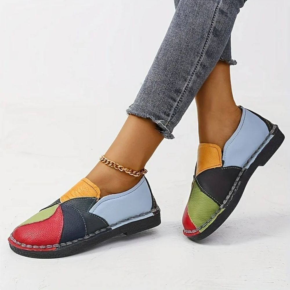 Women's‎ Colorblock Flat Loafers, Fashion Round Toe Soft Sole Slip On Size 36